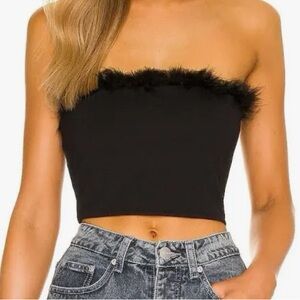 superdown Black Feather-Trim Strapless Crop Top